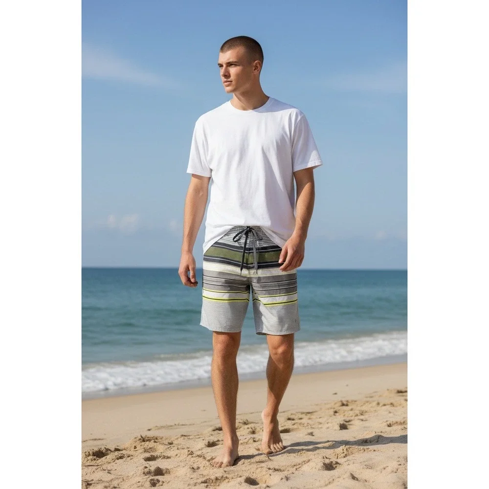 Mens Striped Board Shorts Grey Green Yellow Swim Trunks Beachwear